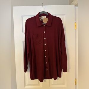 Listicle Ribbed Oversized Button Down Top - Wine - NWT - Size Large